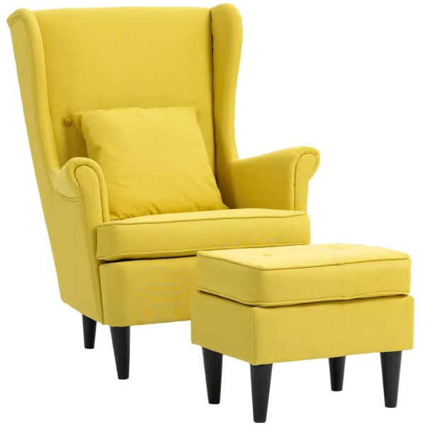 Oorfauteuil Met Voetenbank, Gestoffeerde Stoel Met Rubberhouten Poten, Stoffen Bekleding, Geel