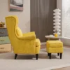 Oorfauteuil Met Voetenbank, Gestoffeerde Stoel Met Rubberhouten Poten, Stoffen Bekleding, Geel