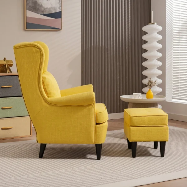 Oorfauteuil Met Voetenbank, Gestoffeerde Stoel Met Rubberhouten Poten, Stoffen Bekleding, Geel