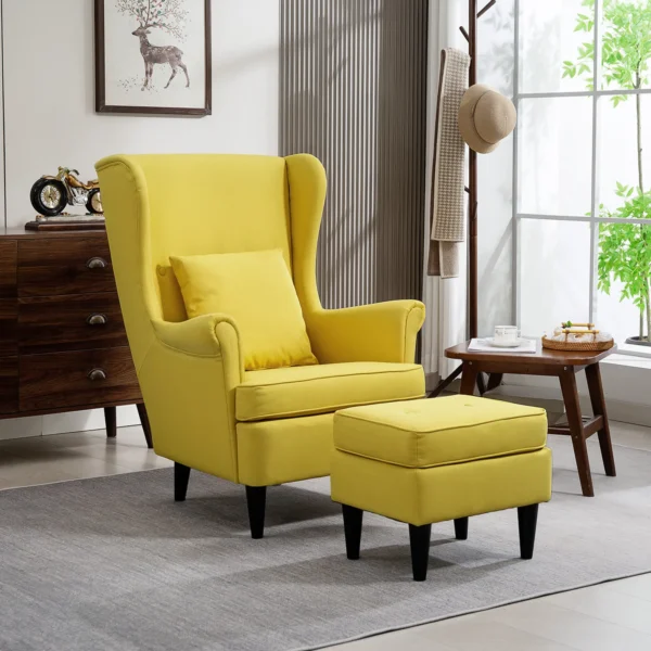 Oorfauteuil Met Voetenbank, Gestoffeerde Stoel Met Rubberhouten Poten, Stoffen Bekleding, Geel