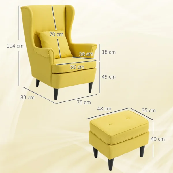 Oorfauteuil Met Voetenbank, Gestoffeerde Stoel Met Rubberhouten Poten, Stoffen Bekleding, Geel