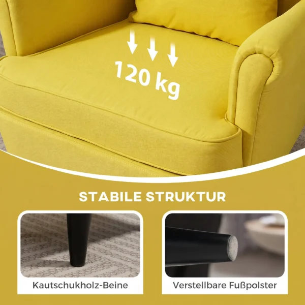 Oorfauteuil Met Voetenbank, Gestoffeerde Stoel Met Rubberhouten Poten, Stoffen Bekleding, Geel