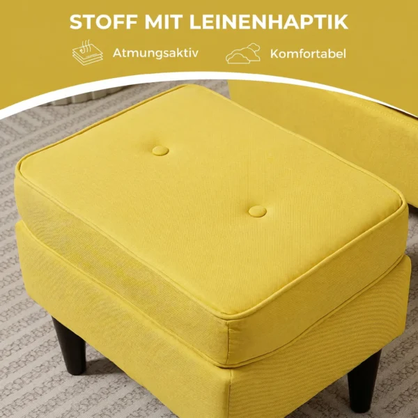 Oorfauteuil Met Voetenbank, Gestoffeerde Stoel Met Rubberhouten Poten, Stoffen Bekleding, Geel