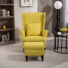 Oorfauteuil Met Voetenbank, Gestoffeerde Stoel Met Rubberhouten Poten, Stoffen Bekleding, Geel
