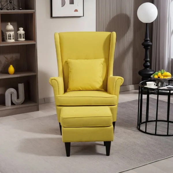 Oorfauteuil Met Voetenbank, Gestoffeerde Stoel Met Rubberhouten Poten, Stoffen Bekleding, Geel