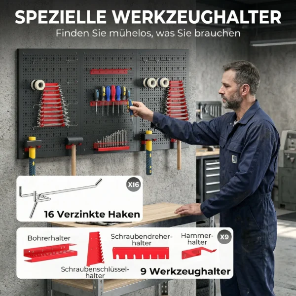 Opbergsysteem Wandrek 60 X 40 Cm, 28 Stks. Bakkenrek Met Haak Opbergvakken, Werkplaatsrek, Zwart+Rood