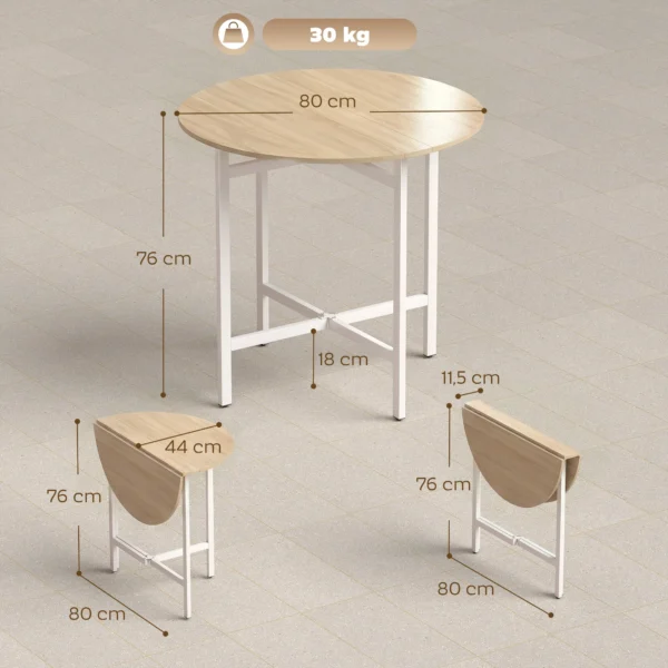 Opklapbare Eettafel, 80 Cm Ronde Klaptafel Met Stalen Frame, Ruimte Voor 2 4 Personen, Natuurhout Uiterlijk