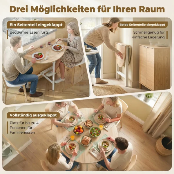 Opklapbare Eettafel, 80 Cm Ronde Klaptafel Met Stalen Frame, Ruimte Voor 2 4 Personen, Natuurhout Uiterlijk