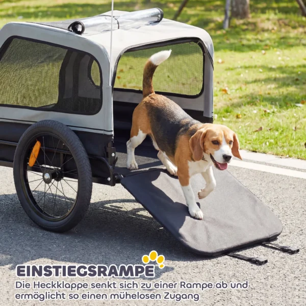 Opvouwbare Fietskar Voor Middelgrote Honden Tot 20kg Met Neerklapbare Helling, Reflectoren, Riem, Vlag, Grijs