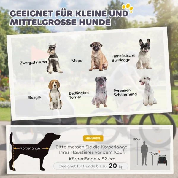 Opvouwbare Fietskar Voor Middelgrote Honden Tot 20kg Met Neerklapbare Helling, Reflectoren, Riem, Vlag, Grijs