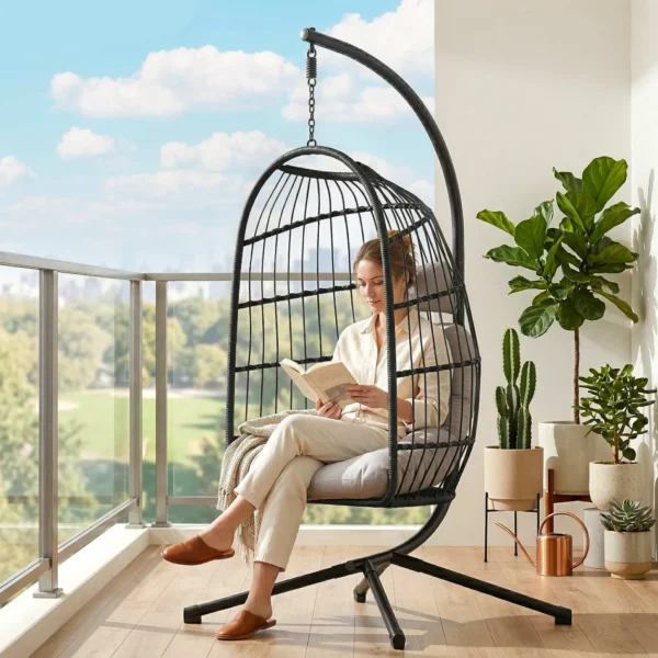 Opvouwbare Hangstoel Met Frame Van Polyrattan, Hangmand Met Kussen, Veiligheidsgordel, Hoofdsteun, Banden, In Hoogte Verstelbaar