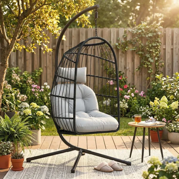 Opvouwbare Hangstoel Met Frame Van Polyrattan, Hangmand Met Kussen, Veiligheidsgordel, Hoofdsteun, Banden, In Hoogte Verstelbaar