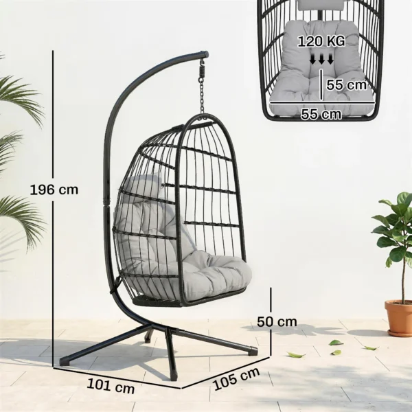 Opvouwbare Hangstoel Met Frame Van Polyrattan, Hangmand Met Kussen, Veiligheidsgordel, Hoofdsteun, Banden, In Hoogte Verstelbaar