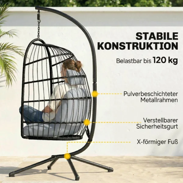 Opvouwbare Hangstoel Met Frame Van Polyrattan, Hangmand Met Kussen, Veiligheidsgordel, Hoofdsteun, Banden, In Hoogte Verstelbaar