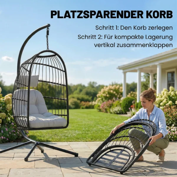 Opvouwbare Hangstoel Met Frame Van Polyrattan, Hangmand Met Kussen, Veiligheidsgordel, Hoofdsteun, Banden, In Hoogte Verstelbaar