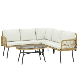 Polyrattan Tuinmeubelset 4 delig, Lounge Set Met Hoekbank Tweepersoonsbank Glazen Tafel Afneembare Kussens Voor Maximaal 5 Personen