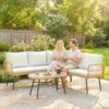 Polyrattan Tuinmeubelset 4 delig, Lounge Set Met Hoekbank Tweepersoonsbank Glazen Tafel Afneembare Kussens Voor Maximaal 5 Personen