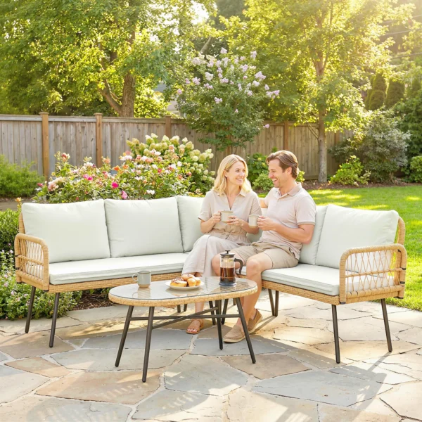 Polyrattan Tuinmeubelset 4 delig, Lounge Set Met Hoekbank Tweepersoonsbank Glazen Tafel Afneembare Kussens Voor Maximaal 5 Personen