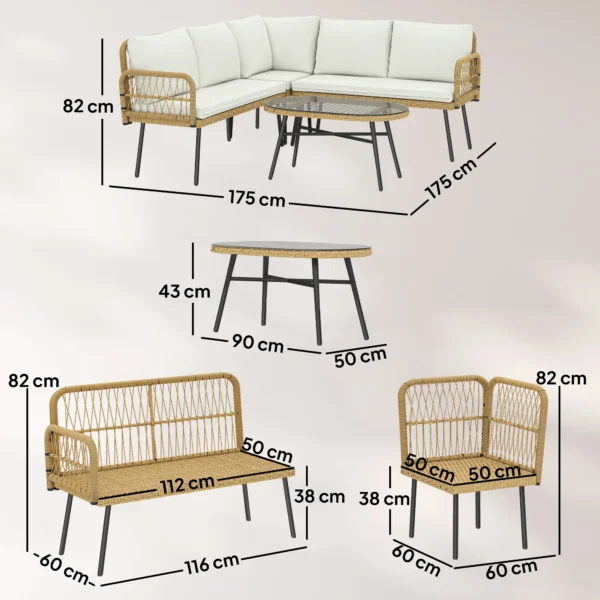 Polyrattan Tuinmeubelset 4 delig, Lounge Set Met Hoekbank Tweepersoonsbank Glazen Tafel Afneembare Kussens Voor Maximaal 5 Personen