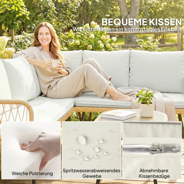 Polyrattan Tuinmeubelset 4 delig, Lounge Set Met Hoekbank Tweepersoonsbank Glazen Tafel Afneembare Kussens Voor Maximaal 5 Personen
