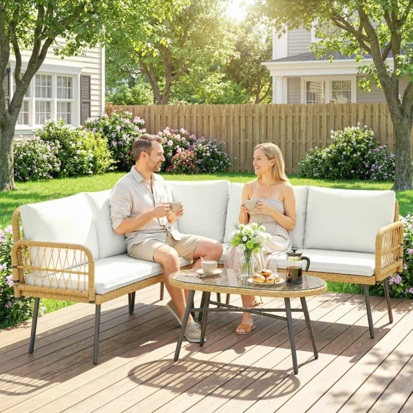 Polyrattan Tuinmeubelset 4 delig, Lounge Set Met Hoekbank Tweepersoonsbank Glazen Tafel Afneembare Kussens Voor Maximaal 5 Personen