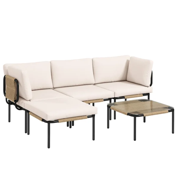 Polyrattan Tuinmeubelset 5 delig Lounge Set Met 3 Stoelen Glazen Tafel Kruk Breed & Diep Zit Afneembaar Kussen