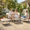 Polyrattan Tuinmeubelset 5 delig Lounge Set Met 3 Stoelen Glazen Tafel Kruk Breed & Diep Zit Afneembaar Kussen