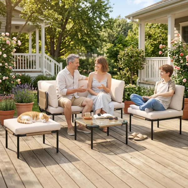Polyrattan Tuinmeubelset 5 delig Lounge Set Met 3 Stoelen Glazen Tafel Kruk Breed & Diep Zit Afneembaar Kussen
