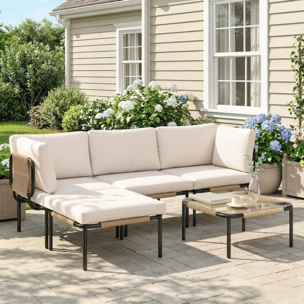 Polyrattan Tuinmeubelset 5 delig Lounge Set Met 3 Stoelen Glazen Tafel Kruk Breed & Diep Zit Afneembaar Kussen