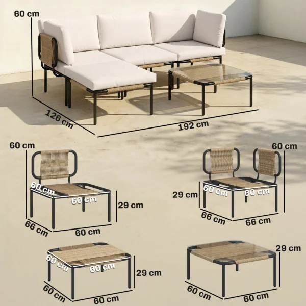 Polyrattan Tuinmeubelset 5 delig Lounge Set Met 3 Stoelen Glazen Tafel Kruk Breed & Diep Zit Afneembaar Kussen
