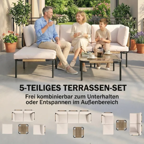 Polyrattan Tuinmeubelset 5 delig Lounge Set Met 3 Stoelen Glazen Tafel Kruk Breed & Diep Zit Afneembaar Kussen
