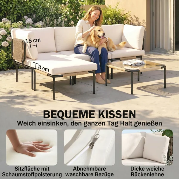 Polyrattan Tuinmeubelset 5 delig Lounge Set Met 3 Stoelen Glazen Tafel Kruk Breed & Diep Zit Afneembaar Kussen
