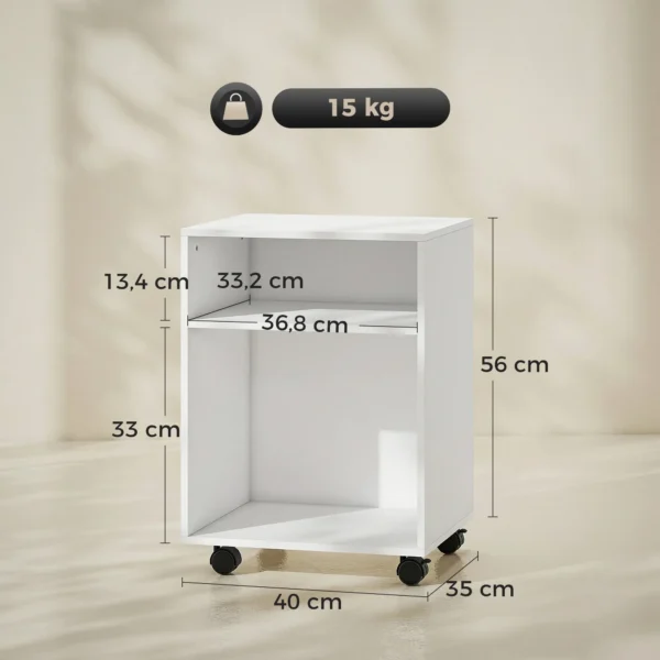 Printerstandaard Printertafel Met 2 Open Rekken En Vergrendelbare Wielen Voor Kantoor, Thuis, Fax, Scanner 40 X 35 X 56 Cm Wit