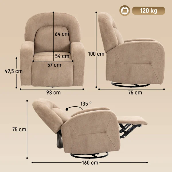 Relaxfauteuil, 360° Draaibare Ligstoel Met Wolkenzachte Fluweelstof, Brede Zitting, Voor Woonkamer, Khaki