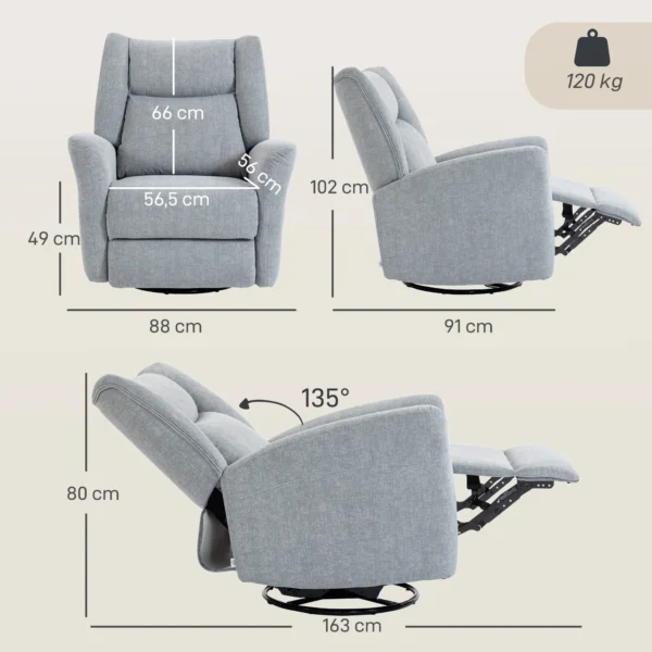 Relaxfauteuil, Draaibare Televisiefauteuil Met Ligfunctie, Brede Diepe Zitplaats, Krasbestendige Stof Voor Woonkamer, Lichtgrijs