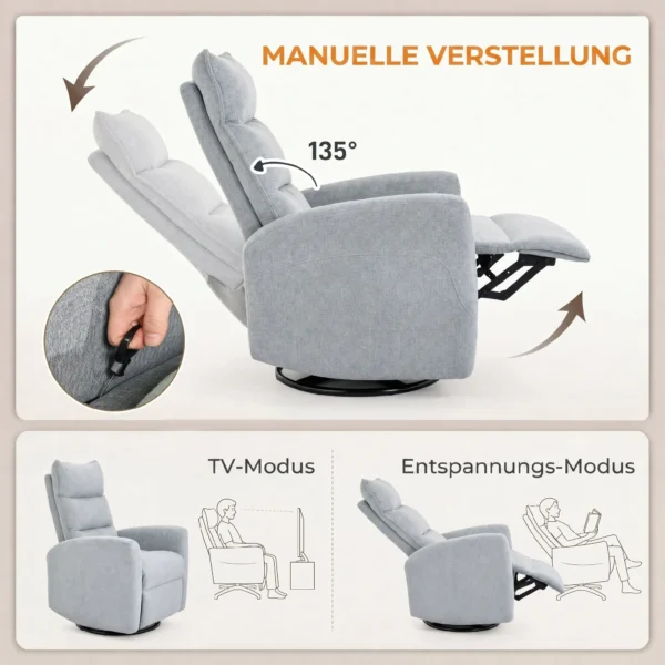 Relaxfauteuil, Draaibare Televisiefauteuil Met Ligfunctie, Brede Diepe Zitplaats, Krasbestendige Stof Voor Woonkamer, Lichtgrijs