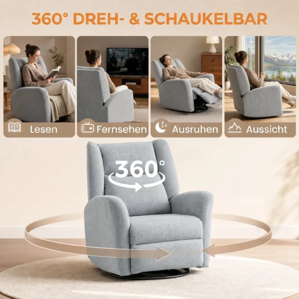 Relaxfauteuil, Draaibare Televisiefauteuil Met Ligfunctie, Brede Diepe Zitplaats, Krasbestendige Stof Voor Woonkamer, Lichtgrijs