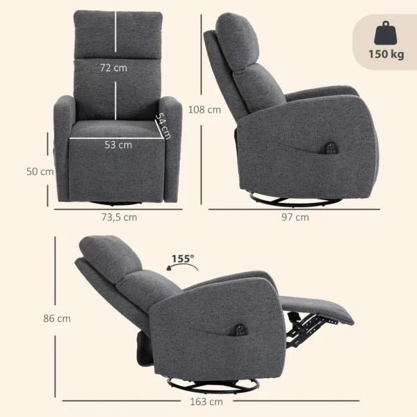 Relaxfauteuil Draaibare TV fauteuil Met Warmte En Vibratiemassage, Ligfunctie, Schommelfunctie Donkergrijs