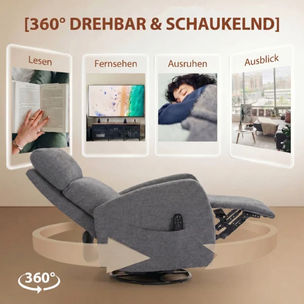 Relaxfauteuil Draaibare TV fauteuil Met Warmte En Vibratiemassage, Ligfunctie, Schommelfunctie Donkergrijs