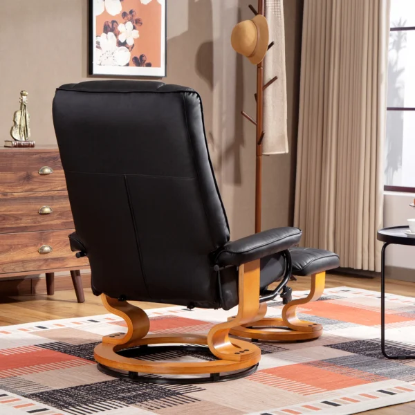 Relaxstoel Met Voetenbank, Draaibaar & Kantelbaar, Kunstlederen Bekleding, Tot 150 Kg, Houten Frame, Zwart