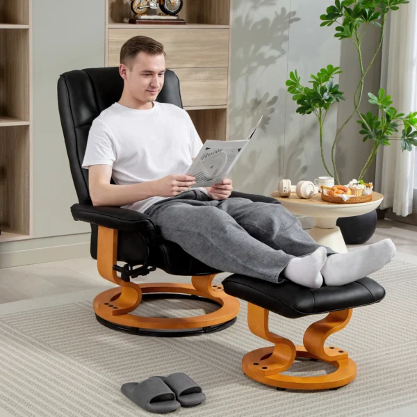 Relaxstoel Met Voetenbank, Draaibaar & Kantelbaar, Kunstlederen Bekleding, Tot 150 Kg, Houten Frame, Zwart