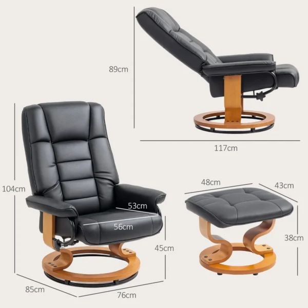 Relaxstoel Met Voetenbank, Draaibaar & Kantelbaar, Kunstlederen Bekleding, Tot 150 Kg, Houten Frame, Zwart