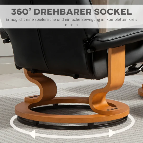Relaxstoel Met Voetenbank, Draaibaar & Kantelbaar, Kunstlederen Bekleding, Tot 150 Kg, Houten Frame, Zwart