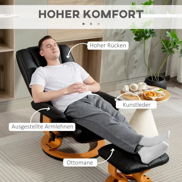 Relaxstoel Met Voetenbank, Draaibaar & Kantelbaar, Kunstlederen Bekleding, Tot 150 Kg, Houten Frame, Zwart