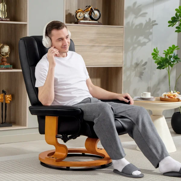 Relaxstoel Met Voetenbank, Draaibaar & Kantelbaar, Kunstlederen Bekleding, Tot 150 Kg, Houten Frame, Zwart