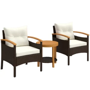 Rieten Bistroset 3 delige FSC Tuinmeubelset Met 2 Stoelen, 2 laags Houten Tafel, Dikke Wasbare Kussens