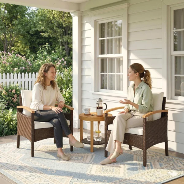 Rieten Bistroset 3 delige FSC Tuinmeubelset Met 2 Stoelen, 2 laags Houten Tafel, Dikke Wasbare Kussens