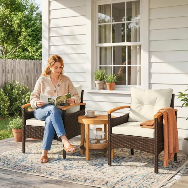 Rieten Bistroset 3 delige FSC Tuinmeubelset Met 2 Stoelen, 2 laags Houten Tafel, Dikke Wasbare Kussens