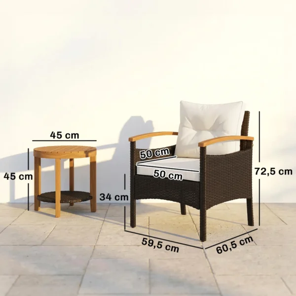 Rieten Bistroset 3 delige FSC Tuinmeubelset Met 2 Stoelen, 2 laags Houten Tafel, Dikke Wasbare Kussens