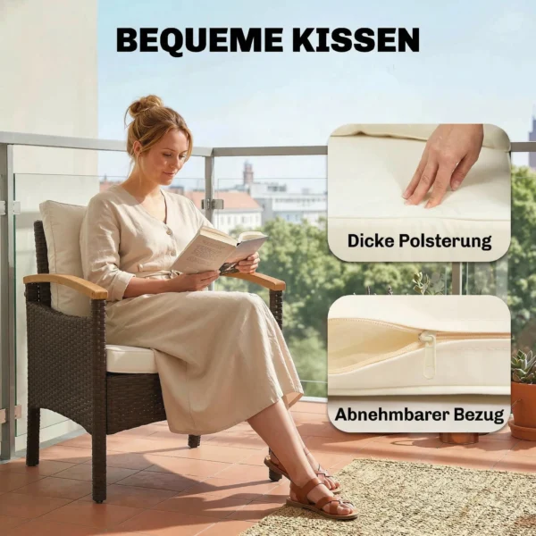 Rieten Bistroset 3 delige FSC Tuinmeubelset Met 2 Stoelen, 2 laags Houten Tafel, Dikke Wasbare Kussens